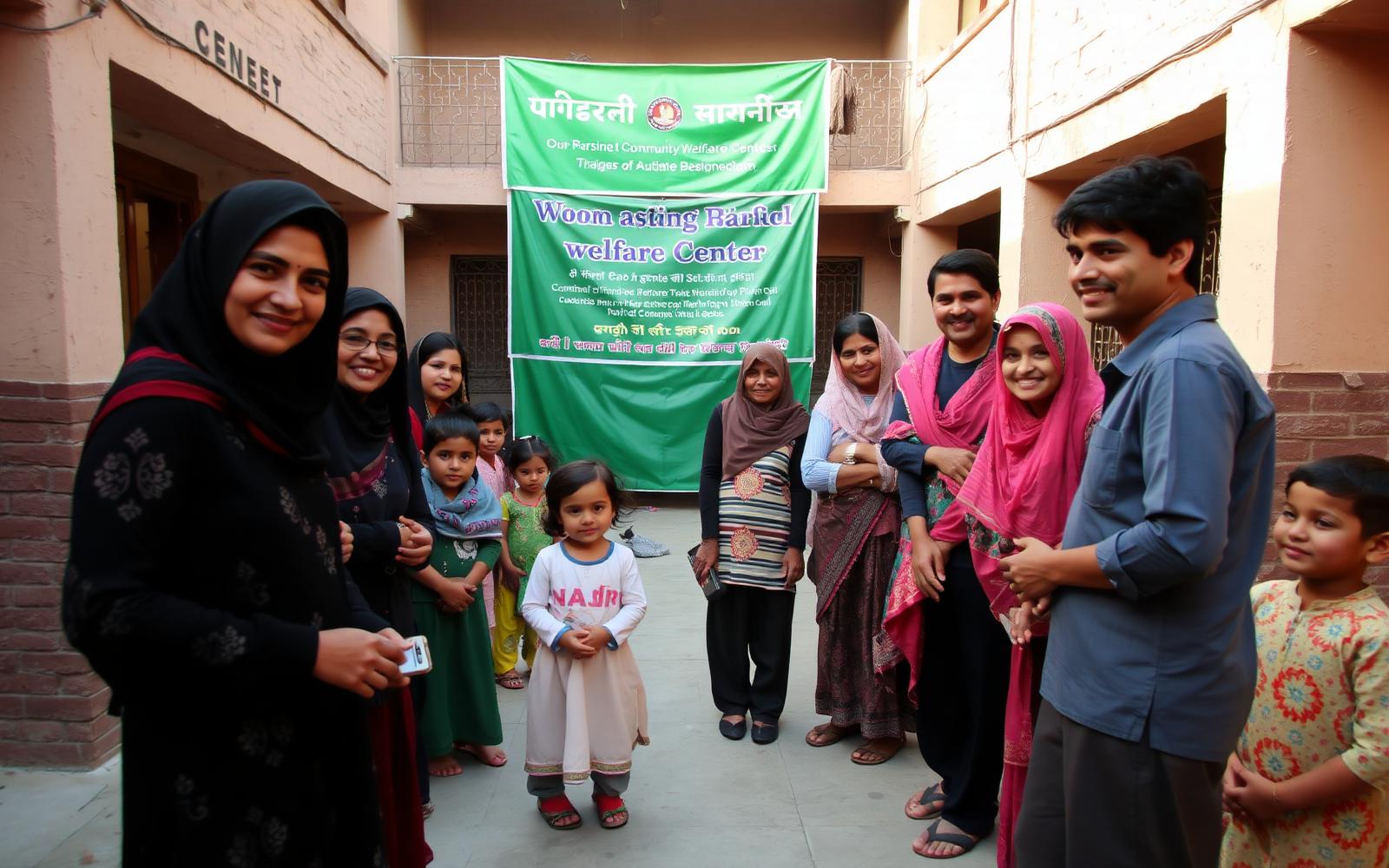 Families gathered at the welfare centre courtyard in Orangi Town